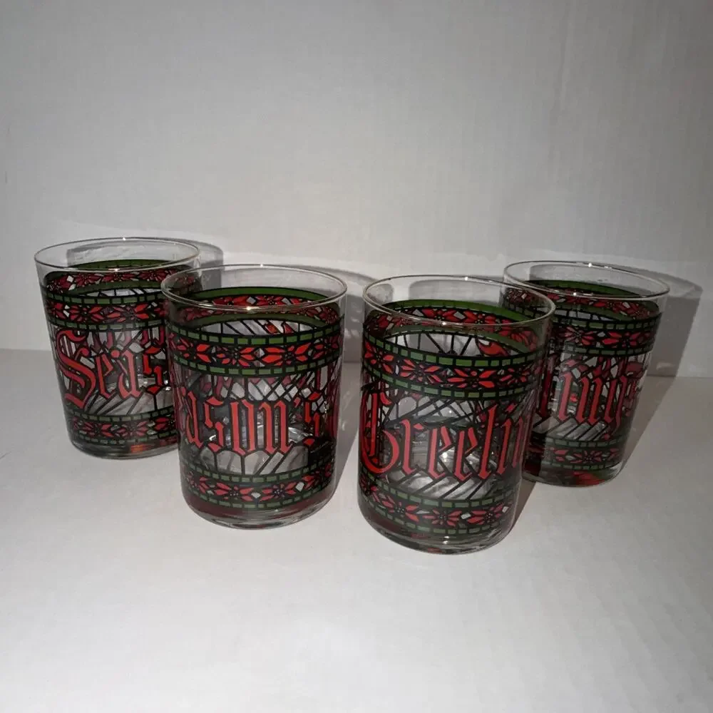 Set 4 Houze Merry Christmas Double Old Fashioned Glasses Stained Glass MCM
